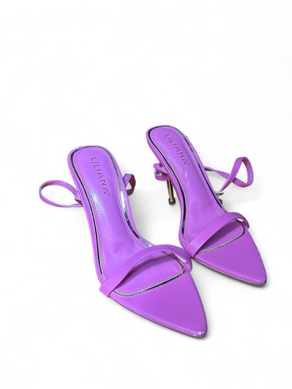 Liliana Pink Strappy Stiletto Heels Pointed Toe Gold Lock Y2K Glam Femme Fatale - Picture 3 of 8